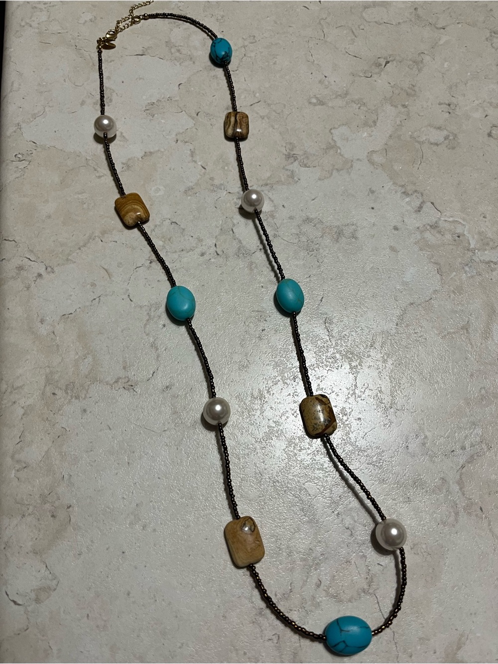 Turquoise, Pearl & Brown Bead Long Necklace